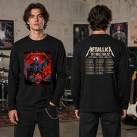 Metallica M72 World Tour November 1 2025 Optus Stadium Perth Australia 2 side T-shirt by Ken Taylor featuring a skeletal rider on a black horse, ghostly scythe rider, red smoke, skulls, rocks and M72 tour back print.