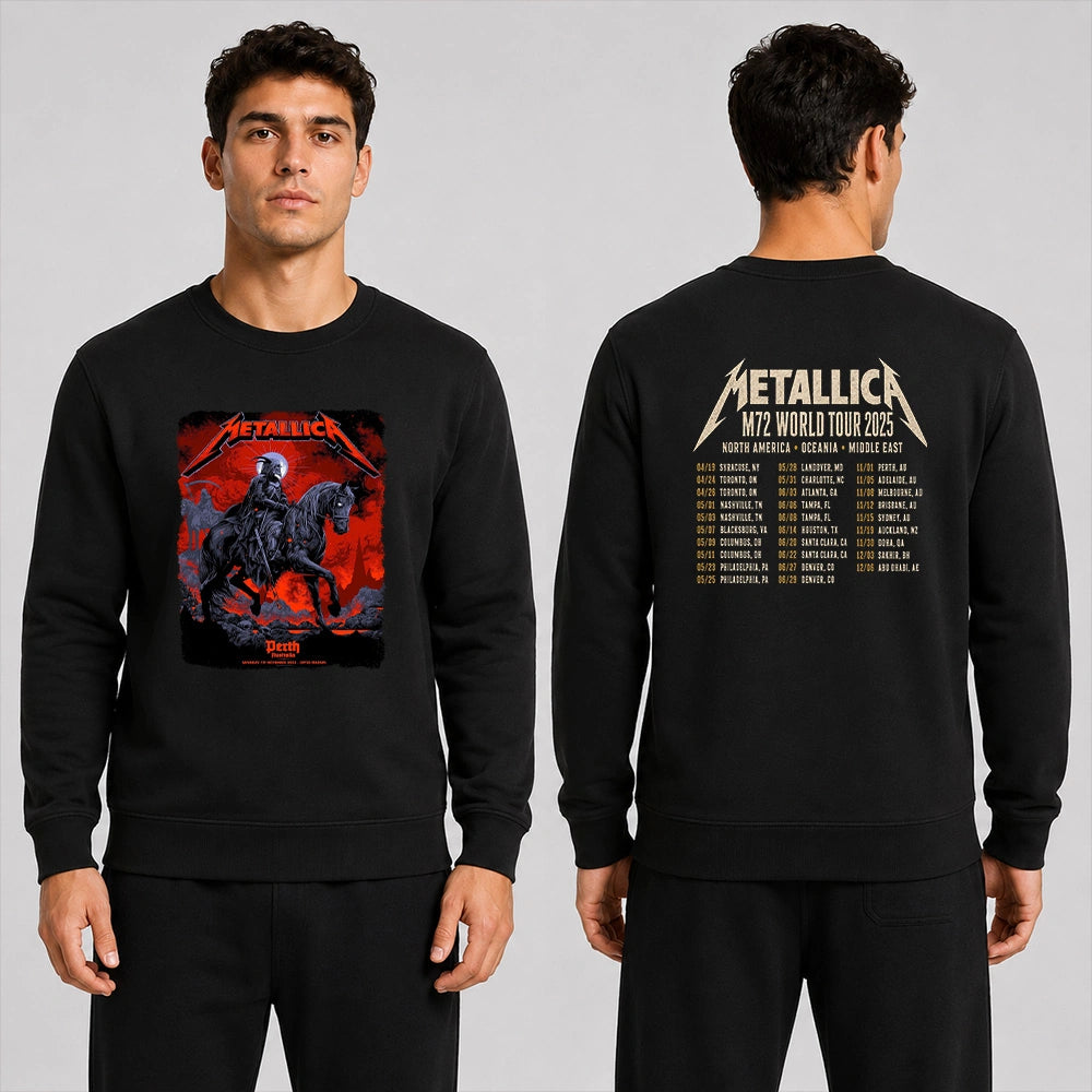 Metallica M72 World Tour November 1 2025 Optus Stadium Perth Australia 2 side T-shirt by Ken Taylor featuring a skeletal rider on a black horse, ghostly scythe rider, red smoke, skulls, rocks and M72 tour back print.