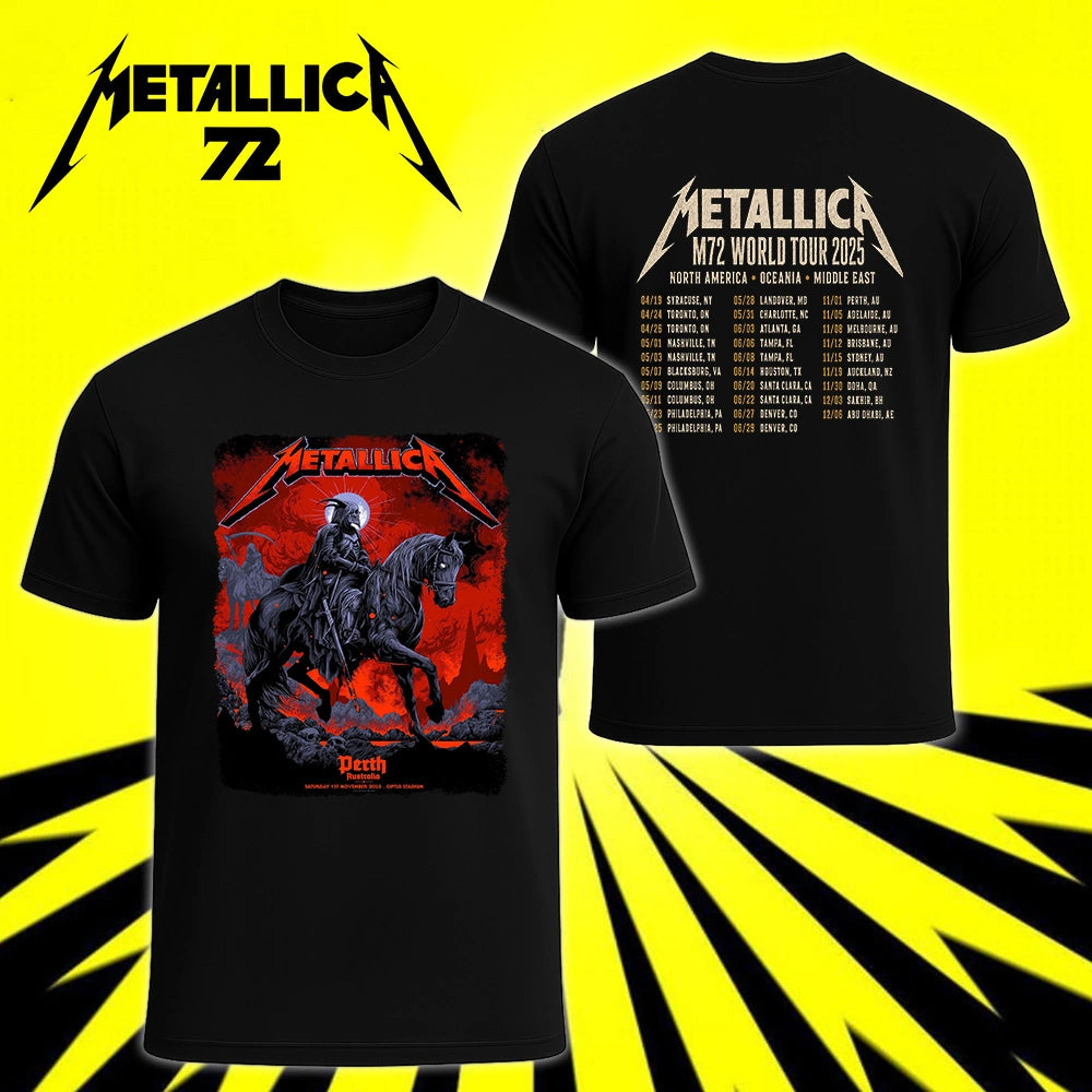 Metallica M72 World Tour November 1 2025 Optus Stadium Perth Australia 2 side T-shirt by Ken Taylor featuring a skeletal rider on a black horse, ghostly scythe rider, red smoke, skulls, rocks and M72 tour back print.