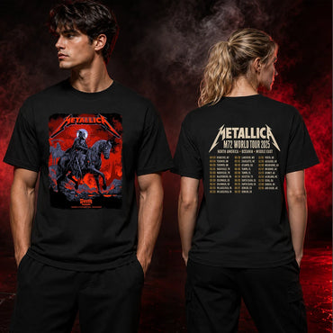 Metallica M72 World Tour November 1 2025 Optus Stadium Perth Australia 2 side T-shirt by Ken Taylor featuring a skeletal rider on a black horse, ghostly scythe rider, red smoke, skulls, rocks and M72 tour back print.