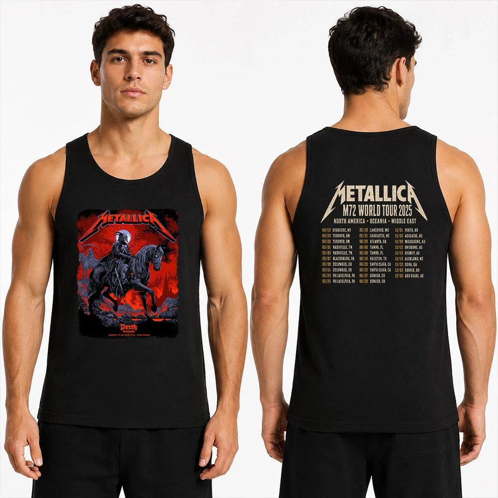 Metallica M72 World Tour November 1 2025 Optus Stadium Perth Australia 2 side T-shirt by Ken Taylor featuring a skeletal rider on a black horse, ghostly scythe rider, red smoke, skulls, rocks and M72 tour back print.