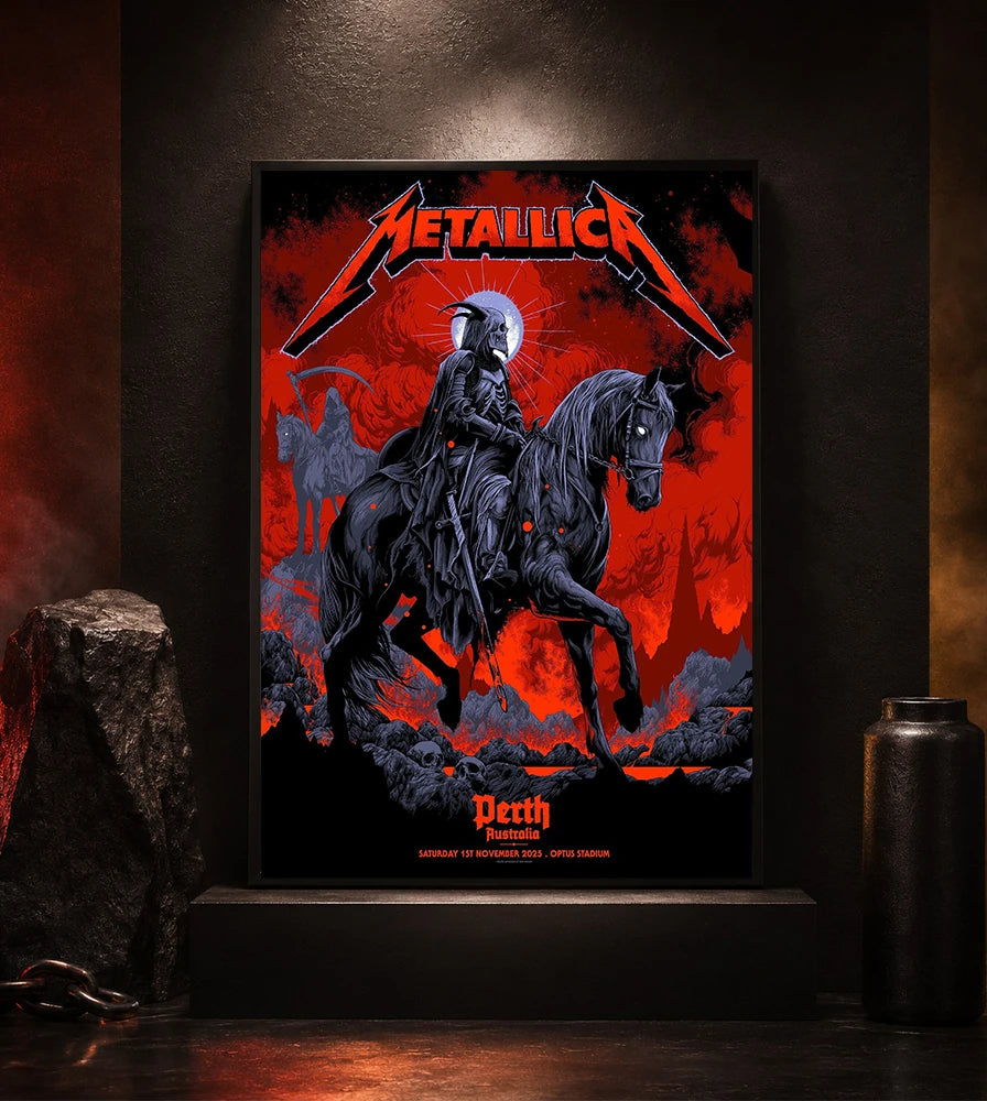 Metallica M72 World Tour November 1 2025 Optus Stadium Perth Australia poster canvas by Ken Taylor featuring a skeletal rider on a black horse, ghostly scythe rider, red smoke, skulls, rocks and Perth event text.