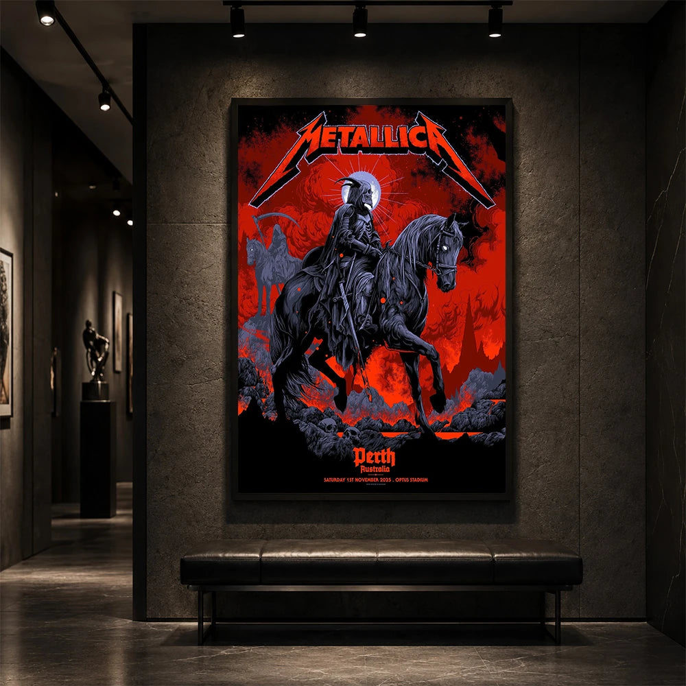 Metallica M72 World Tour November 1 2025 Optus Stadium Perth Australia poster canvas by Ken Taylor featuring a skeletal rider on a black horse, ghostly scythe rider, red smoke, skulls, rocks and Perth event text.