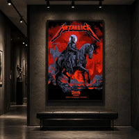 Metallica M72 World Tour November 1 2025 Optus Stadium Perth Australia poster canvas by Ken Taylor featuring a skeletal rider on a black horse, ghostly scythe rider, red smoke, skulls, rocks and Perth event text.