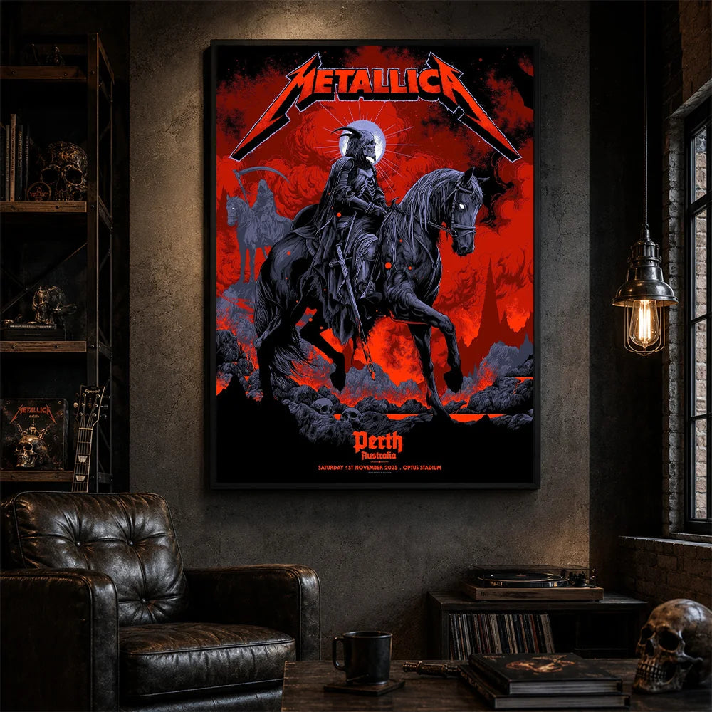 Metallica M72 World Tour November 1 2025 Optus Stadium Perth Australia poster canvas by Ken Taylor featuring a skeletal rider on a black horse, ghostly scythe rider, red smoke, skulls, rocks and Perth event text.