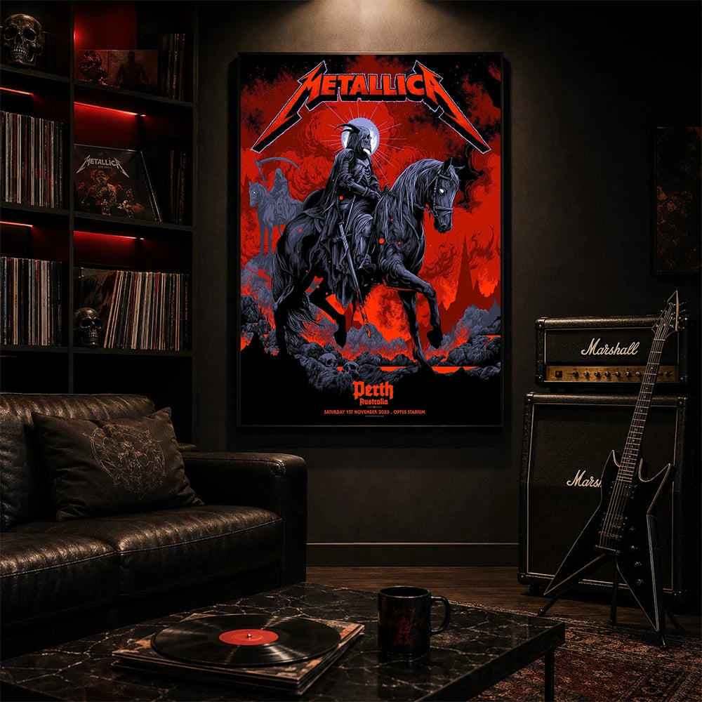 Metallica M72 World Tour November 1 2025 Optus Stadium Perth Australia poster canvas by Ken Taylor featuring a skeletal rider on a black horse, ghostly scythe rider, red smoke, skulls, rocks and Perth event text.