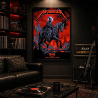 Metallica M72 World Tour November 1 2025 Optus Stadium Perth Australia poster canvas by Ken Taylor featuring a skeletal rider on a black horse, ghostly scythe rider, red smoke, skulls, rocks and Perth event text.
