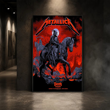 Metallica M72 World Tour November 1 2025 Optus Stadium Perth Australia poster canvas by Ken Taylor featuring a skeletal rider on a black horse, ghostly scythe rider, red smoke, skulls, rocks and Perth event text.