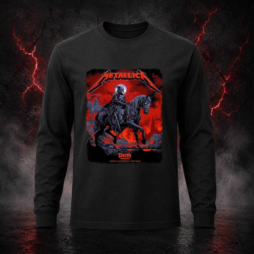 Metallica M72 World Tour November 1 2025 Optus Stadium Perth Australia T-shirt by Ken Taylor featuring a skeletal rider on a black horse, ghostly scythe rider, red smoke, skulls, rocks and Perth event text.