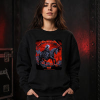 Metallica M72 World Tour November 1 2025 Optus Stadium Perth Australia T-shirt by Ken Taylor featuring a skeletal rider on a black horse, ghostly scythe rider, red smoke, skulls, rocks and Perth event text.