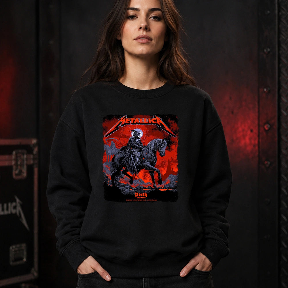Metallica M72 World Tour November 1 2025 Optus Stadium Perth Australia T-shirt by Ken Taylor featuring a skeletal rider on a black horse, ghostly scythe rider, red smoke, skulls, rocks and Perth event text.