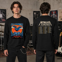 Metallica M72 World Tour November 1 2025 Optus Stadium Perth Australia 2 side T-shirt by Ben Brown featuring a crowned black swan with spread wings, skull pile, flames, twisted tree branches and M72 tour back print.