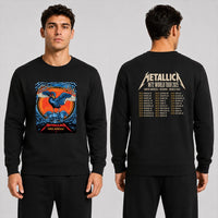Metallica M72 World Tour November 1 2025 Optus Stadium Perth Australia 2 side T-shirt by Ben Brown featuring a crowned black swan with spread wings, skull pile, flames, twisted tree branches and M72 tour back print.