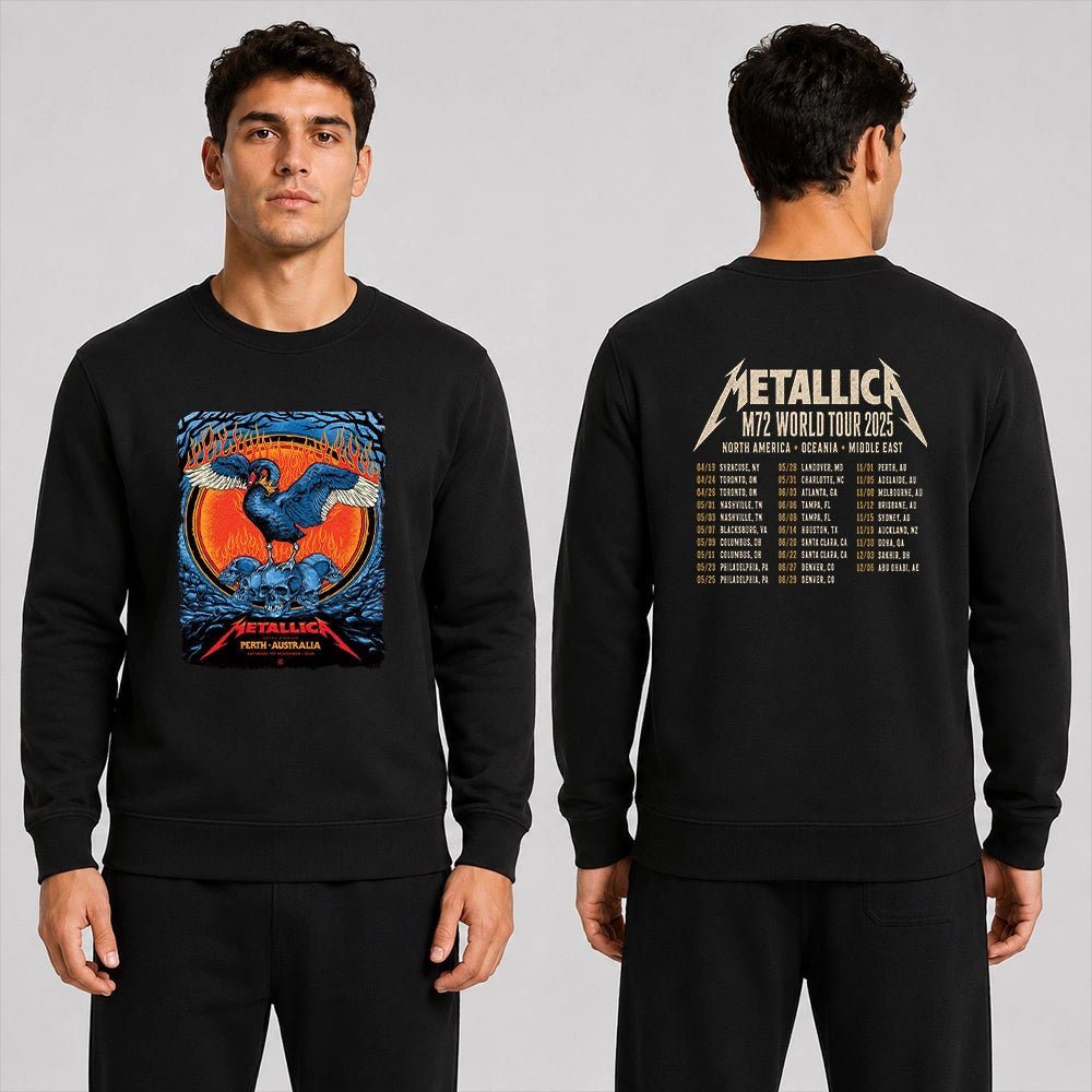 Metallica M72 World Tour November 1 2025 Optus Stadium Perth Australia 2 side T-shirt by Ben Brown featuring a crowned black swan with spread wings, skull pile, flames, twisted tree branches and M72 tour back print.