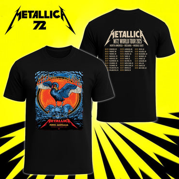 Metallica M72 World Tour November 1 2025 Optus Stadium Perth Australia 2 side T-shirt by Ben Brown featuring a crowned black swan with spread wings, skull pile, flames, twisted tree branches and M72 tour back print.