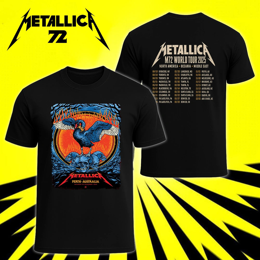Metallica M72 World Tour November 1 2025 Optus Stadium Perth Australia 2 side T-shirt by Ben Brown featuring a crowned black swan with spread wings, skull pile, flames, twisted tree branches and M72 tour back print.