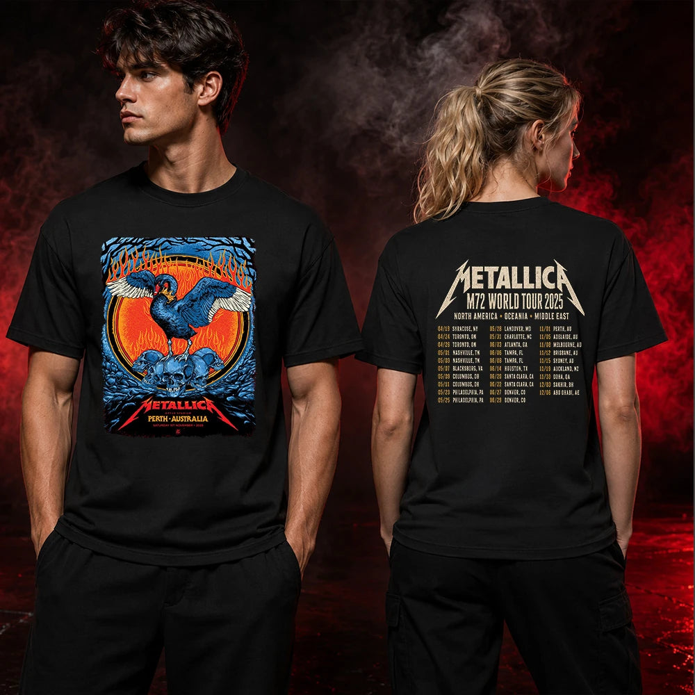 Metallica M72 World Tour November 1 2025 Optus Stadium Perth Australia 2 side T-shirt by Ben Brown featuring a crowned black swan with spread wings, skull pile, flames, twisted tree branches and M72 tour back print.