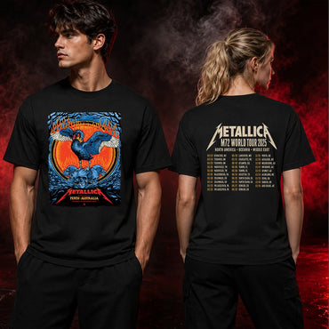 Metallica M72 World Tour November 1 2025 Optus Stadium Perth Australia 2 side T-shirt by Ben Brown featuring a crowned black swan with spread wings, skull pile, flames, twisted tree branches and M72 tour back print.