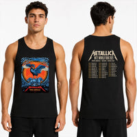 Metallica M72 World Tour November 1 2025 Optus Stadium Perth Australia 2 side T-shirt by Ben Brown featuring a crowned black swan with spread wings, skull pile, flames, twisted tree branches and M72 tour back print.