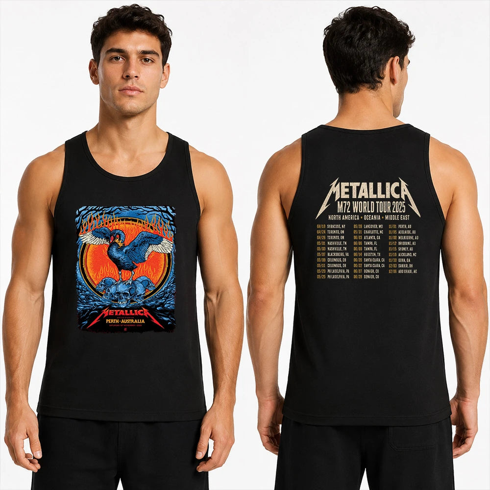 Metallica M72 World Tour November 1 2025 Optus Stadium Perth Australia 2 side T-shirt by Ben Brown featuring a crowned black swan with spread wings, skull pile, flames, twisted tree branches and M72 tour back print.