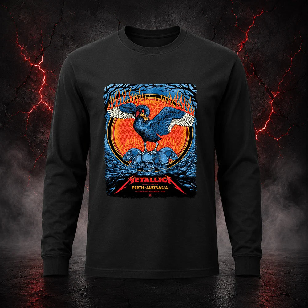 Metallica M72 World Tour November 1 2025 Optus Stadium Perth Australia T-shirt by Ben Brown featuring a crowned black swan with spread wings, a pile of skulls, flames, twisted tree branches and Perth event text.