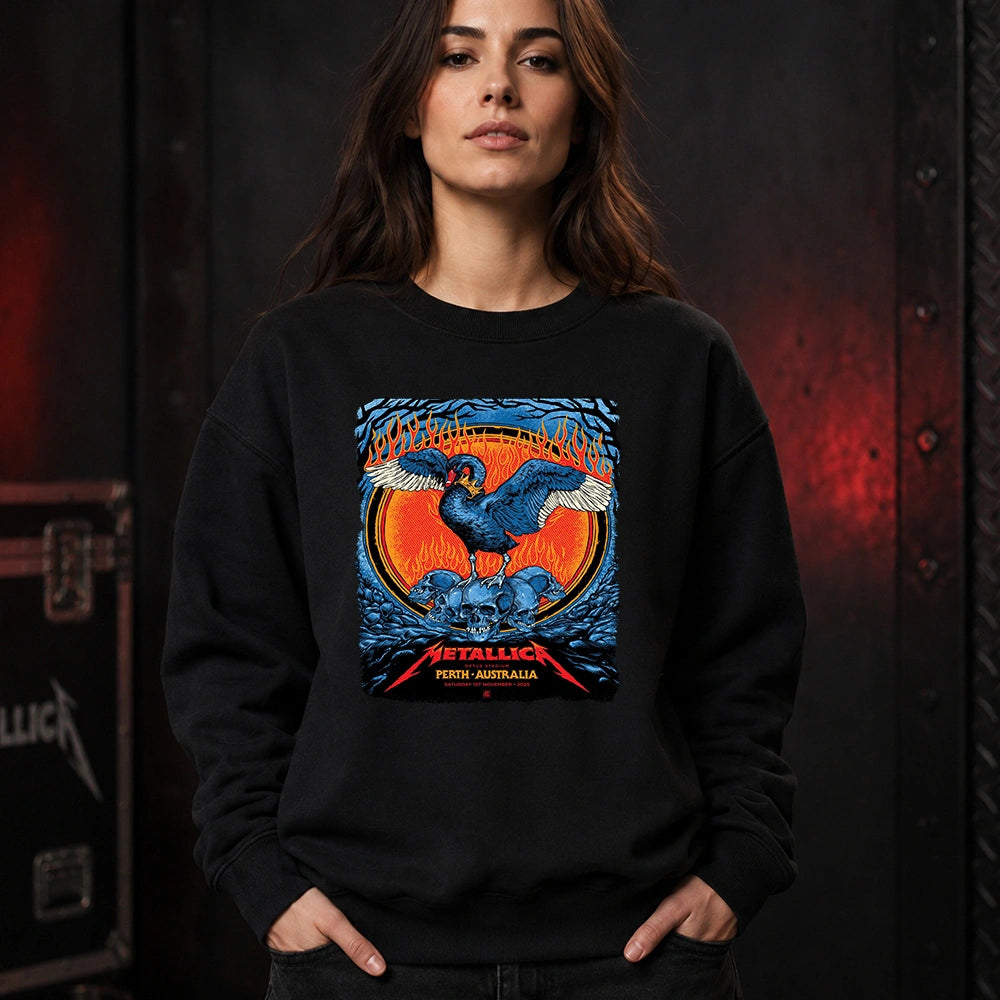 Metallica M72 World Tour November 1 2025 Optus Stadium Perth Australia T-shirt by Ben Brown featuring a crowned black swan with spread wings, a pile of skulls, flames, twisted tree branches and Perth event text.