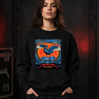 Metallica M72 World Tour November 1 2025 Optus Stadium Perth Australia T-shirt by Ben Brown featuring a crowned black swan with spread wings, a pile of skulls, flames, twisted tree branches and Perth event text.