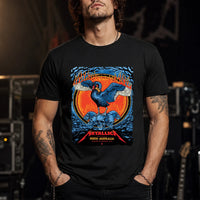 Metallica M72 World Tour November 1 2025 Optus Stadium Perth Australia T-shirt by Ben Brown featuring a crowned black swan with spread wings, a pile of skulls, flames, twisted tree branches and Perth event text.