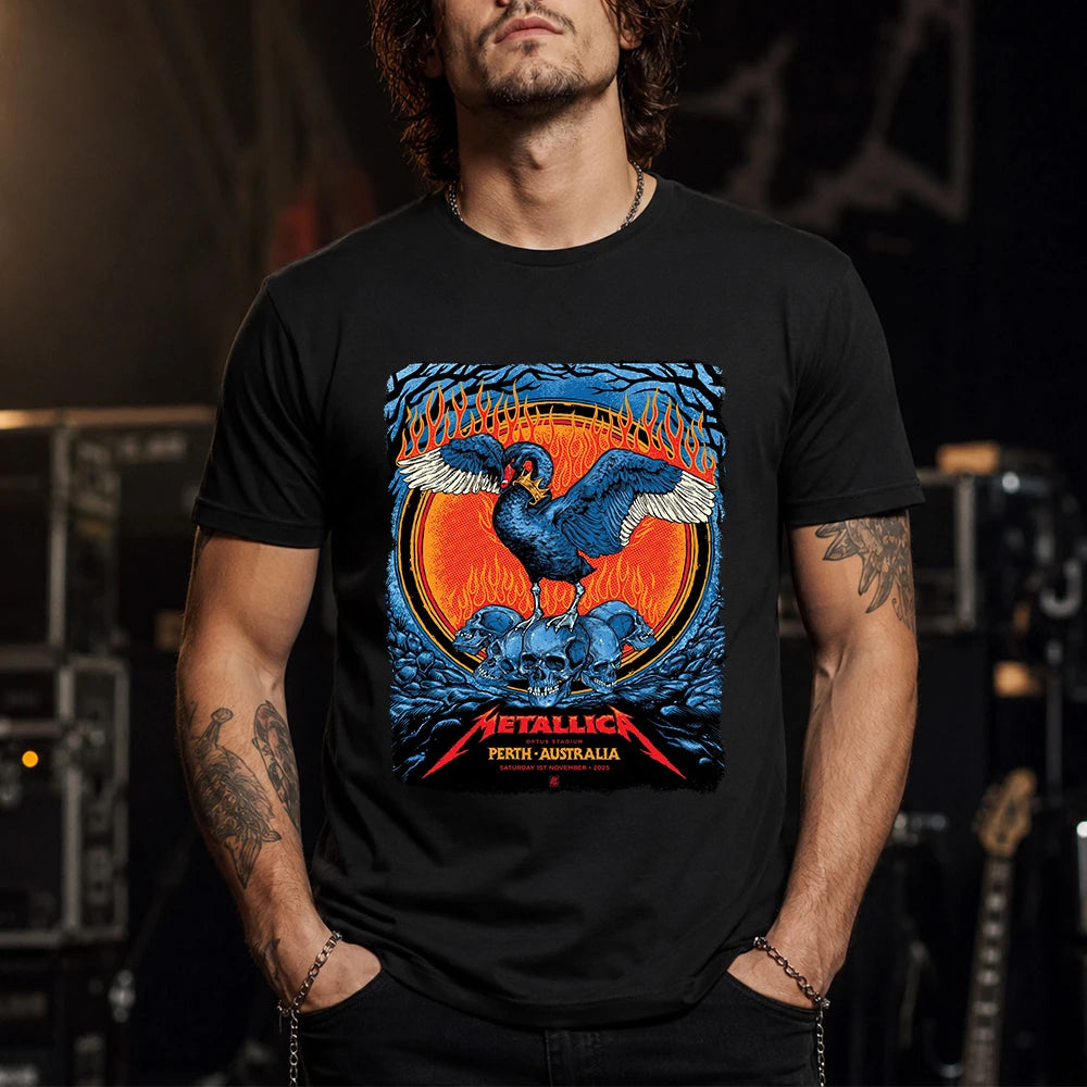 Metallica M72 World Tour November 1 2025 Optus Stadium Perth Australia T-shirt by Ben Brown featuring a crowned black swan with spread wings, a pile of skulls, flames, twisted tree branches and Perth event text.