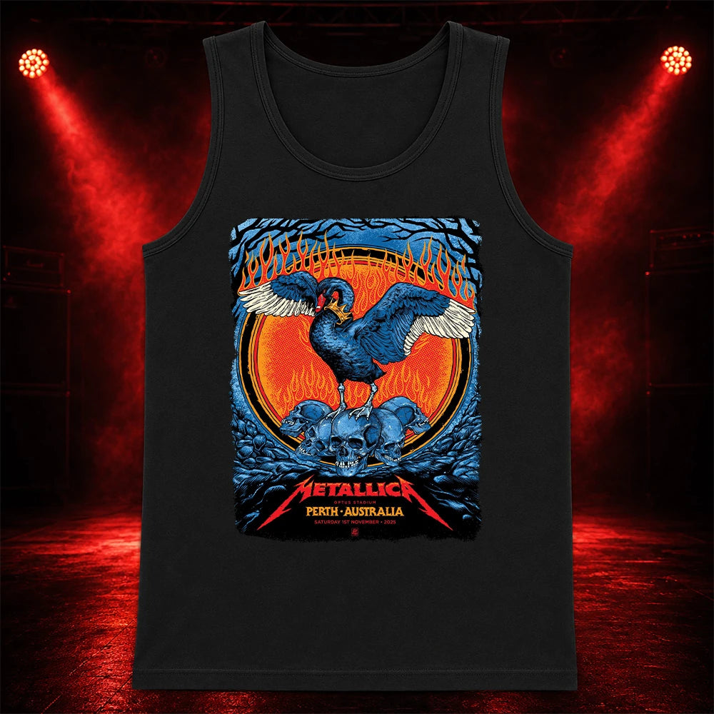 Metallica M72 World Tour November 1 2025 Optus Stadium Perth Australia T-shirt by Ben Brown featuring a crowned black swan with spread wings, a pile of skulls, flames, twisted tree branches and Perth event text.
