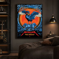 Metallica M72 World Tour November 1 2025 Optus Stadium Perth Australia poster canvas featuring a black swan with spread wings, a crown-like collar, a pile of skulls, flames, twisted tree branches and Perth event text.
