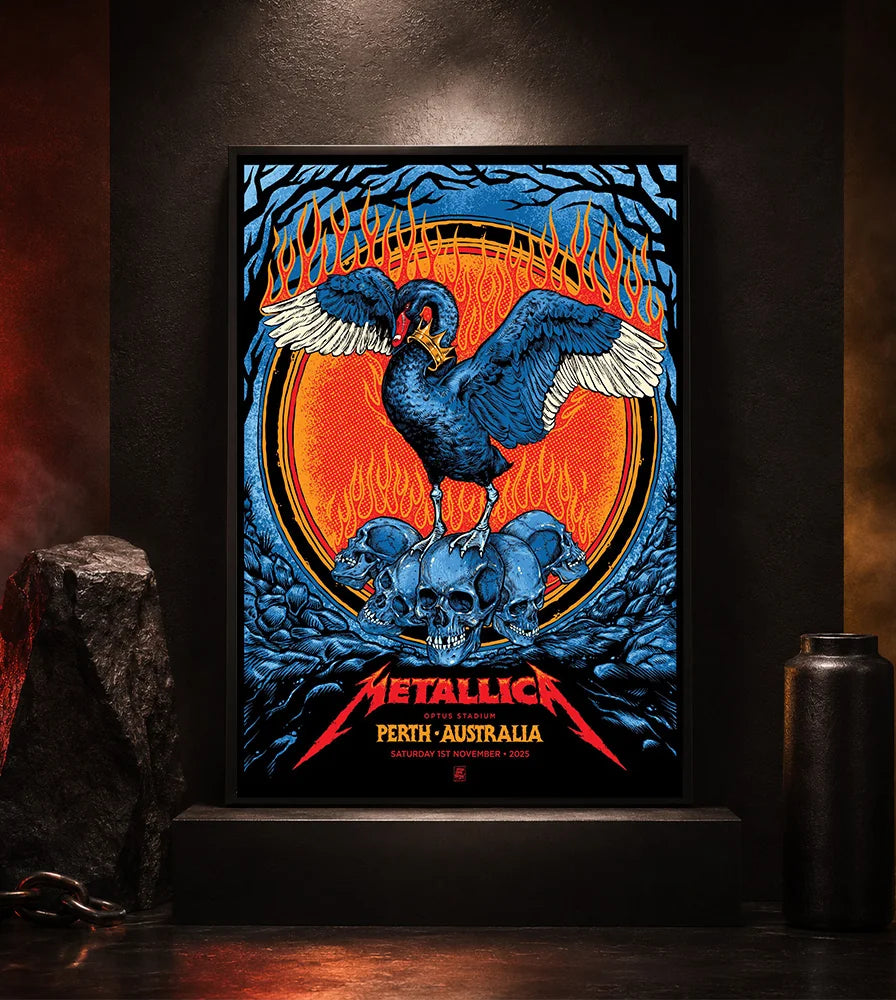 Metallica M72 World Tour November 1 2025 Optus Stadium Perth Australia poster canvas featuring a black swan with spread wings, a crown-like collar, a pile of skulls, flames, twisted tree branches and Perth event text.