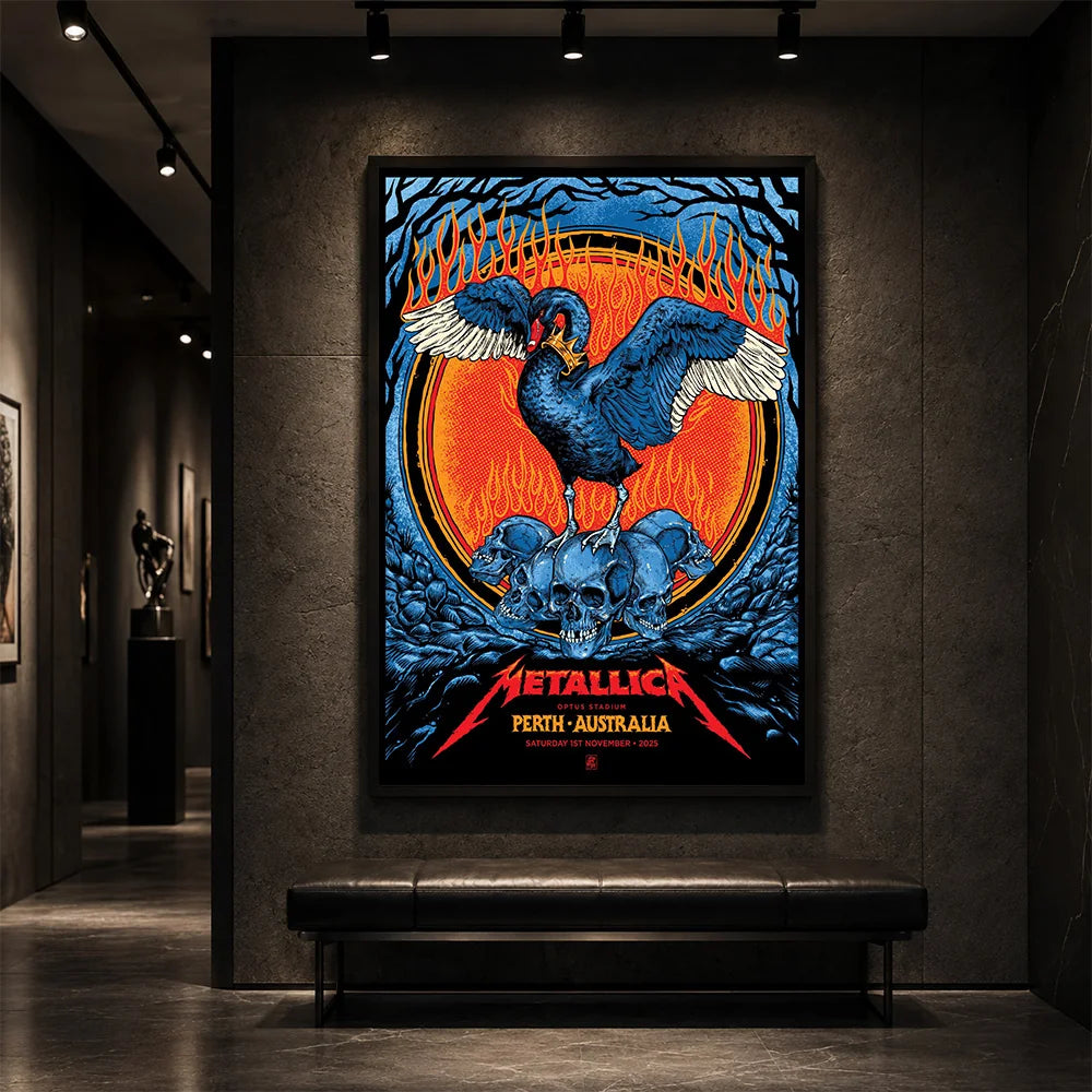 Metallica M72 World Tour November 1 2025 Optus Stadium Perth Australia poster canvas featuring a black swan with spread wings, a crown-like collar, a pile of skulls, flames, twisted tree branches and Perth event text.