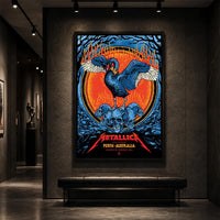 Metallica M72 World Tour November 1 2025 Optus Stadium Perth Australia poster canvas featuring a black swan with spread wings, a crown-like collar, a pile of skulls, flames, twisted tree branches and Perth event text.