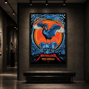 Metallica M72 World Tour November 1 2025 Optus Stadium Perth Australia poster canvas featuring a black swan with spread wings, a crown-like collar, a pile of skulls, flames, twisted tree branches and Perth event text.