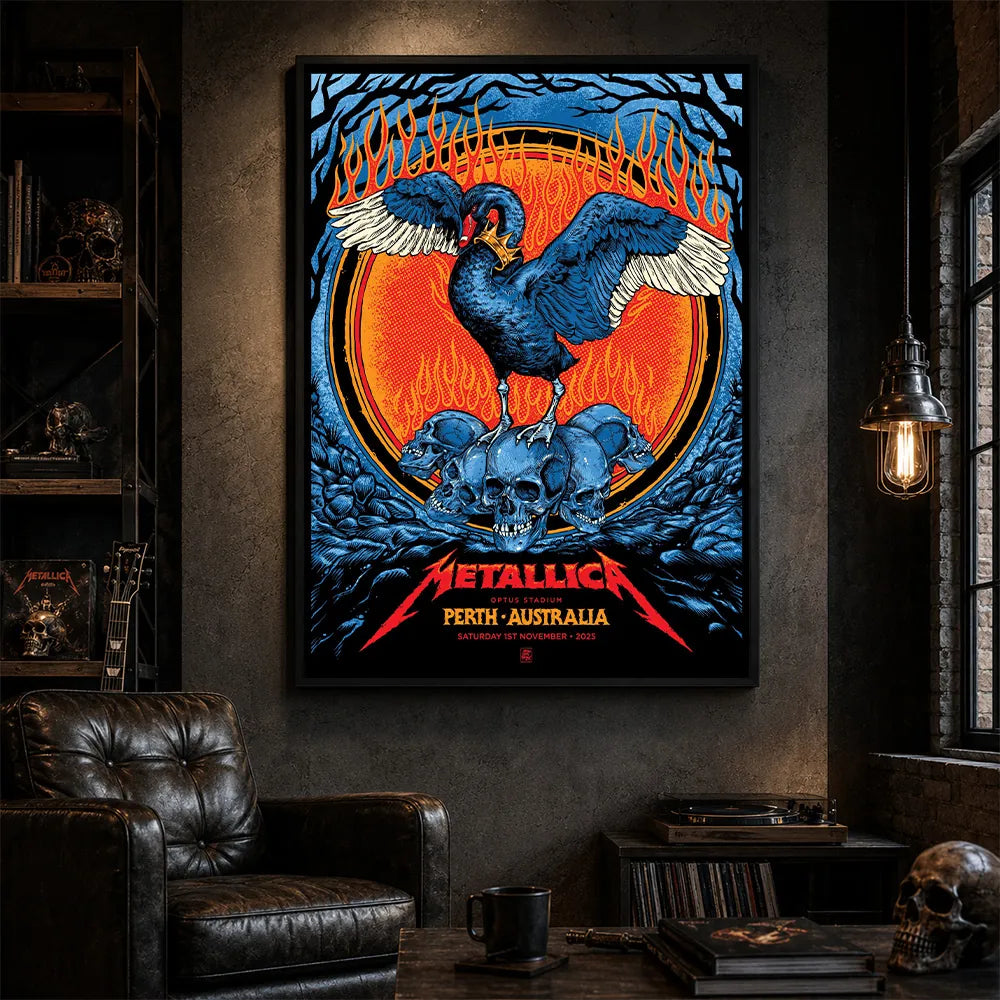 Metallica M72 World Tour November 1 2025 Optus Stadium Perth Australia poster canvas featuring a black swan with spread wings, a crown-like collar, a pile of skulls, flames, twisted tree branches and Perth event text.