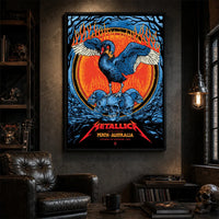 Metallica M72 World Tour November 1 2025 Optus Stadium Perth Australia poster canvas featuring a black swan with spread wings, a crown-like collar, a pile of skulls, flames, twisted tree branches and Perth event text.
