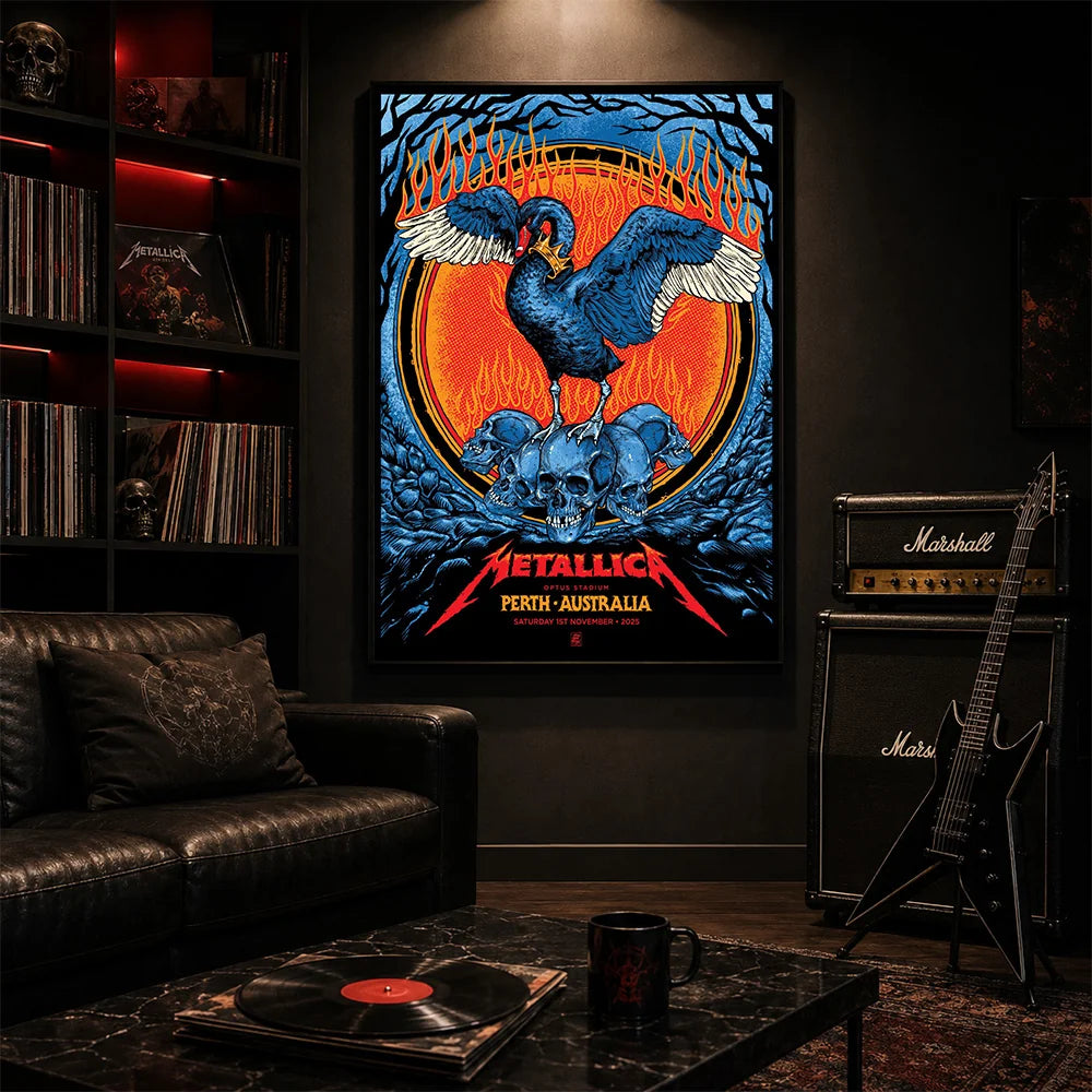 Metallica M72 World Tour November 1 2025 Optus Stadium Perth Australia poster canvas featuring a black swan with spread wings, a crown-like collar, a pile of skulls, flames, twisted tree branches and Perth event text.