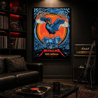 Metallica M72 World Tour November 1 2025 Optus Stadium Perth Australia poster canvas featuring a black swan with spread wings, a crown-like collar, a pile of skulls, flames, twisted tree branches and Perth event text.