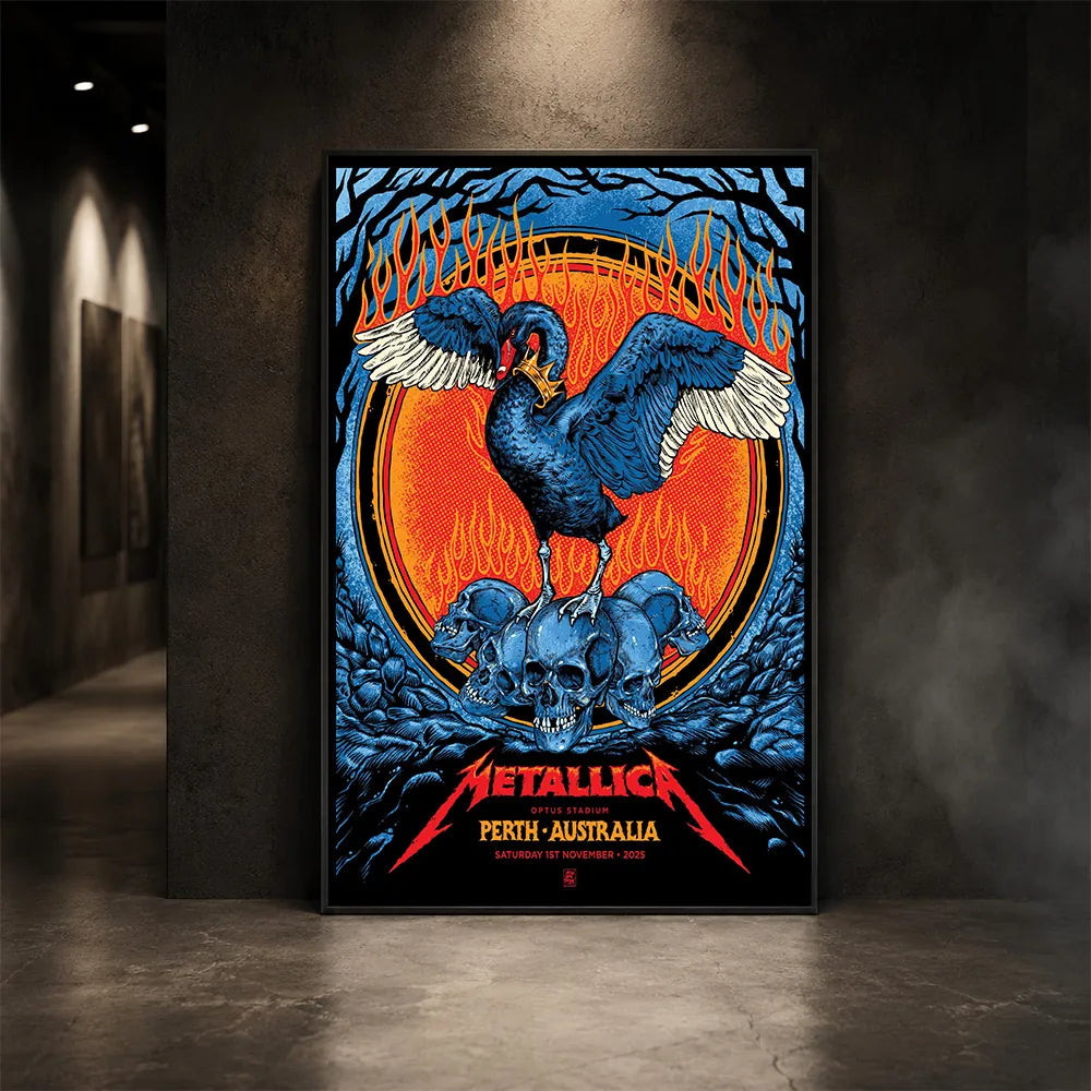 Metallica M72 World Tour November 1 2025 Optus Stadium Perth Australia poster canvas featuring a black swan with spread wings, a crown-like collar, a pile of skulls, flames, twisted tree branches and Perth event text.