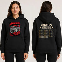 Metallica M72 World Tour November 5 2025 Adelaide Oval Adelaide Australia 2 side T-shirt by Glenn Smith featuring a skeletal boombox with skull details, bone handle, red black splatter background and M72 tour back print.