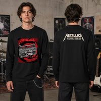 Metallica M72 World Tour November 5 2025 Adelaide Oval Adelaide Australia 2 side T-shirt by Glenn Smith featuring a skeletal boombox with skull details, bone handle, red black splatter background and M72 tour back print.