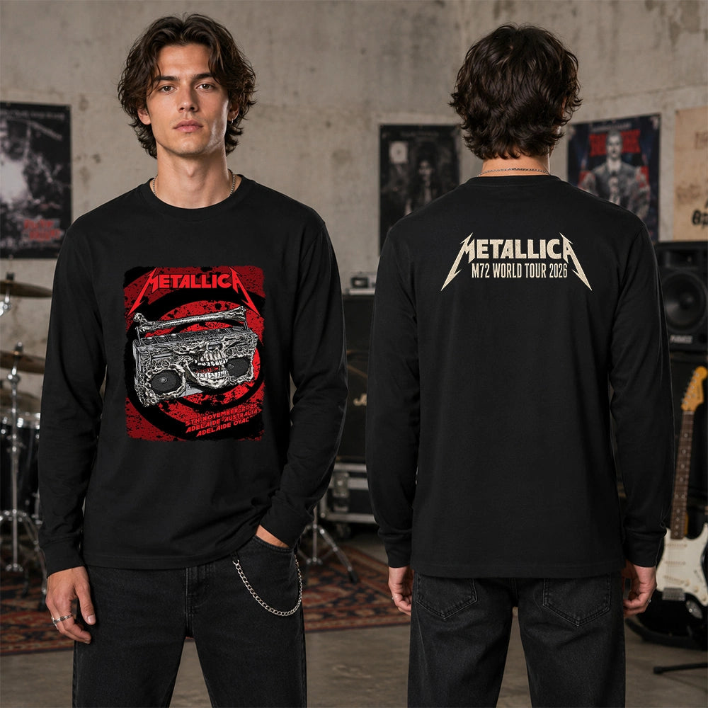 Metallica M72 World Tour November 5 2025 Adelaide Oval Adelaide Australia 2 side T-shirt by Glenn Smith featuring a skeletal boombox with skull details, bone handle, red black splatter background and M72 tour back print.