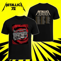 Metallica M72 World Tour November 5 2025 Adelaide Oval Adelaide Australia 2 side T-shirt by Glenn Smith featuring a skeletal boombox with skull details, bone handle, red black splatter background and M72 tour back print.