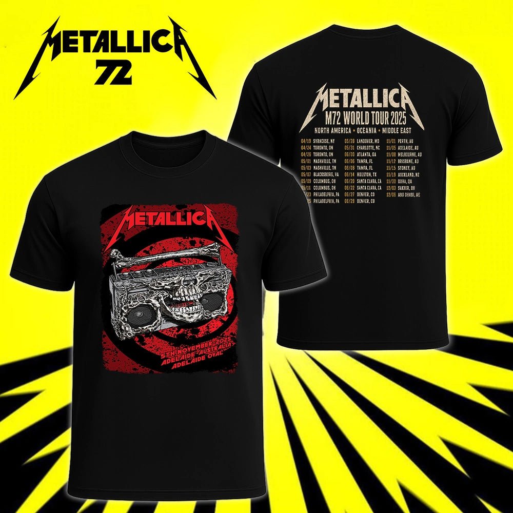 Metallica M72 World Tour November 5 2025 Adelaide Oval Adelaide Australia 2 side T-shirt by Glenn Smith featuring a skeletal boombox with skull details, bone handle, red black splatter background and M72 tour back print.