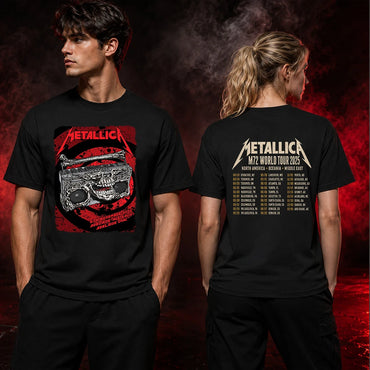 Metallica M72 World Tour November 5 2025 Adelaide Oval Adelaide Australia 2 side T-shirt by Glenn Smith featuring a skeletal boombox with skull details, bone handle, red black splatter background and M72 tour back print.