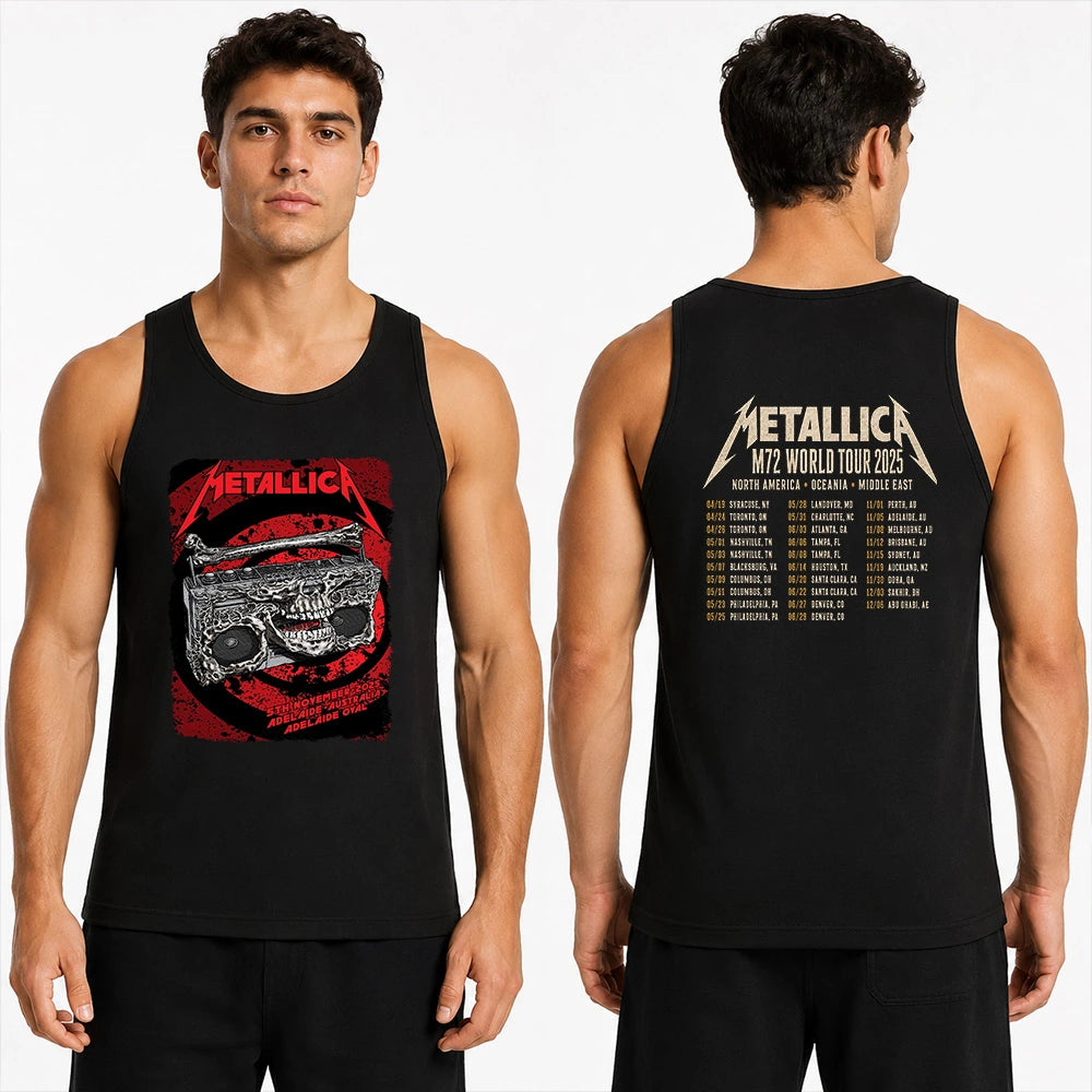 Metallica M72 World Tour November 5 2025 Adelaide Oval Adelaide Australia 2 side T-shirt by Glenn Smith featuring a skeletal boombox with skull details, bone handle, red black splatter background and M72 tour back print.