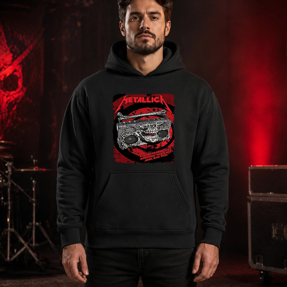 Metallica M72 World Tour November 5 2025 Adelaide Oval Adelaide Australia T-shirt by Glenn Smith featuring a skeletal boombox with skull details, bone handle, red black splatter background and Adelaide event text.
