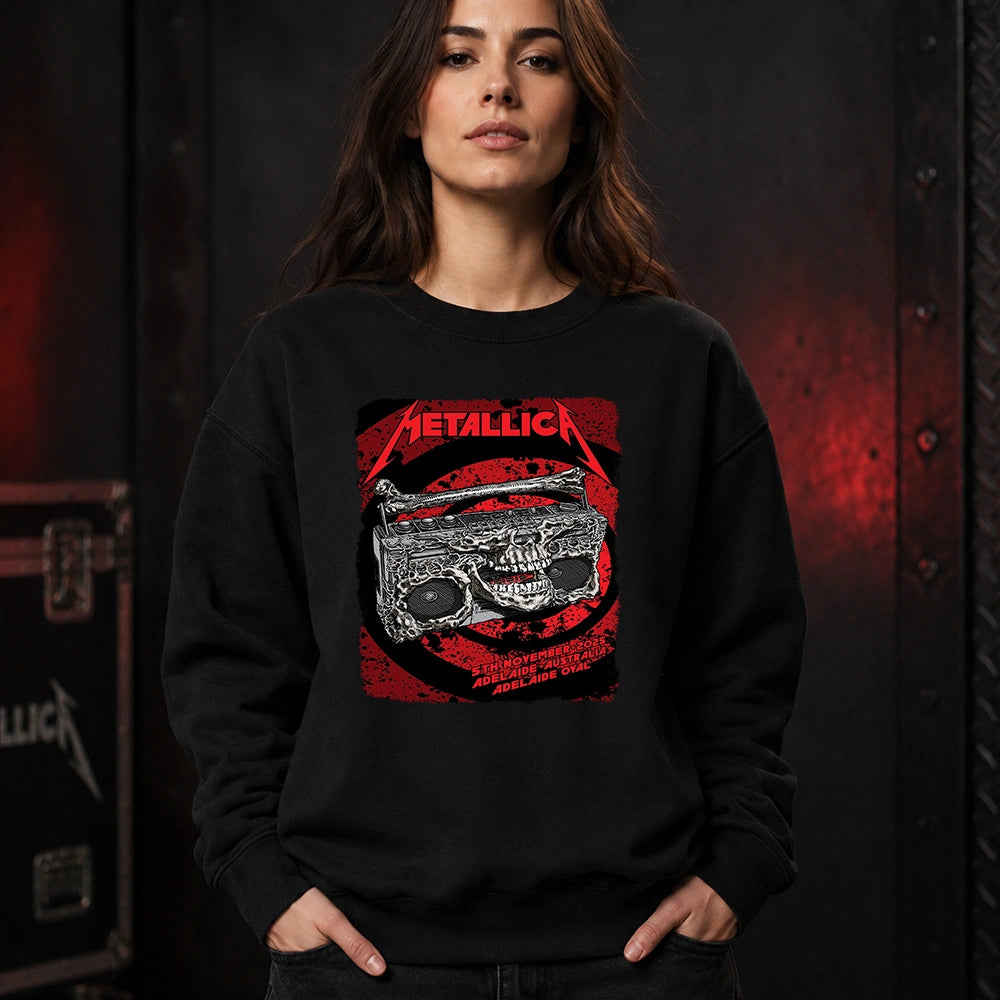 Metallica M72 World Tour November 5 2025 Adelaide Oval Adelaide Australia T-shirt by Glenn Smith featuring a skeletal boombox with skull details, bone handle, red black splatter background and Adelaide event text.