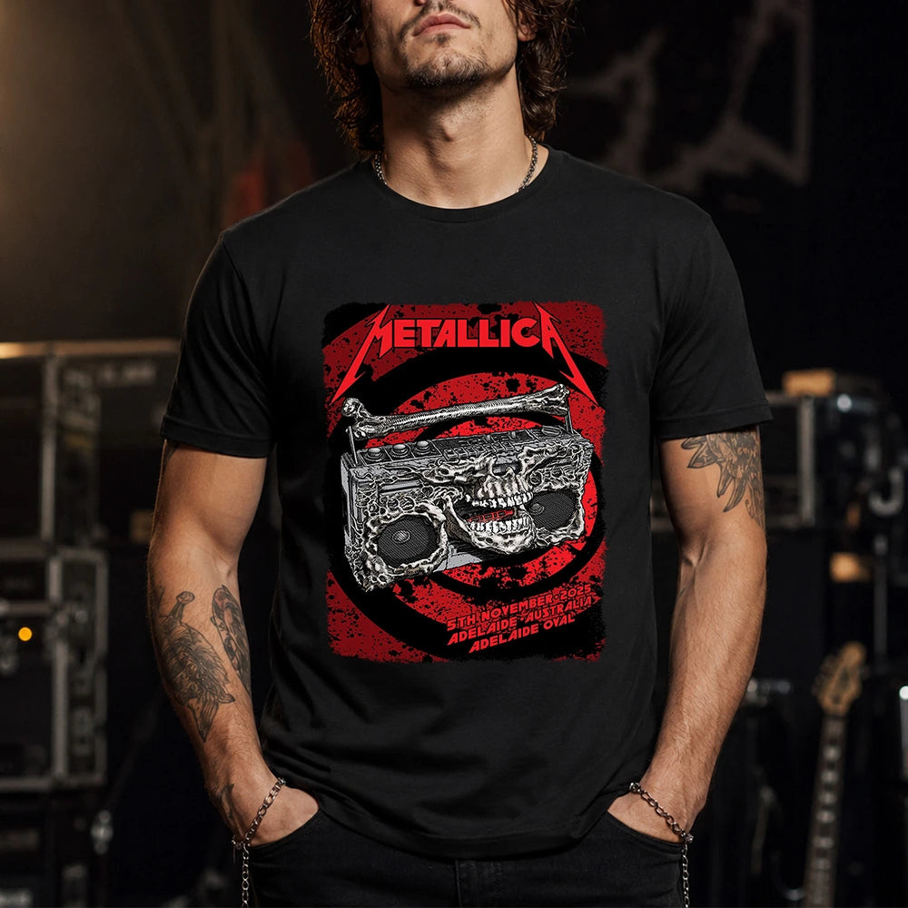 Metallica M72 World Tour November 5 2025 Adelaide Oval Adelaide Australia T-shirt by Glenn Smith featuring a skeletal boombox with skull details, bone handle, red black splatter background and Adelaide event text.